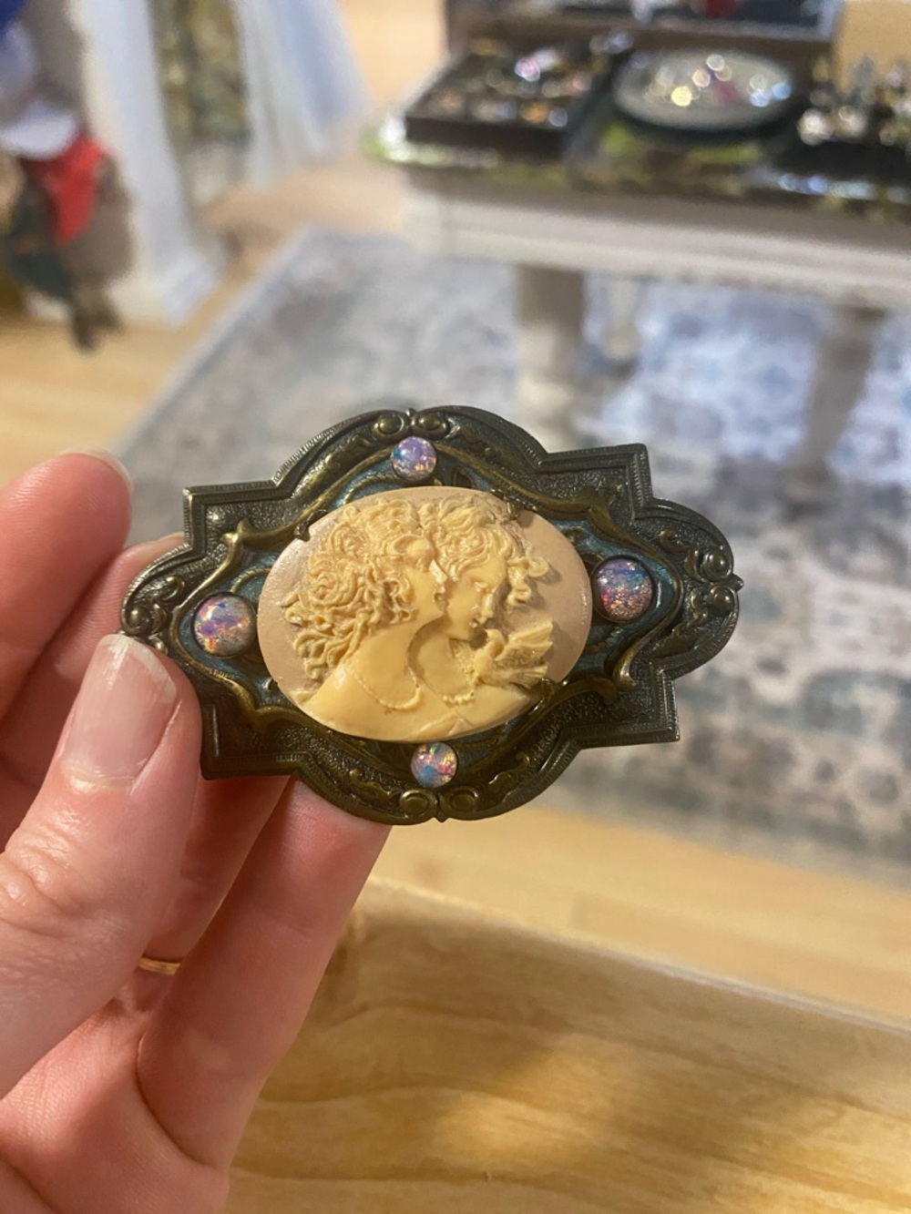 Antique-Style Cameo Brooch with opal Iridescent Accents